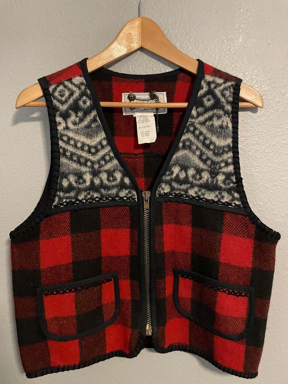 Vintage Womens Flannel Vest Small Buffalo Red Plaid Fair Isle Wool Blend Holiday